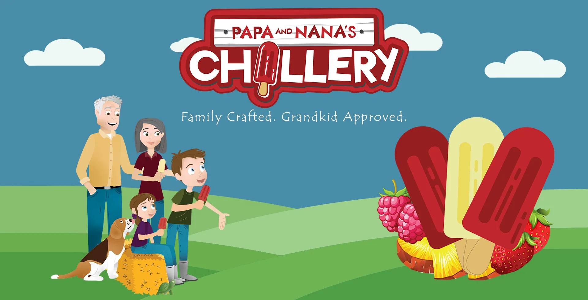 illustrated image of papa, nana, family and popsicles