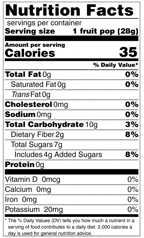 Nutrition Facts label for Papa and Nana's Apple Honeyberry Fruit Pop