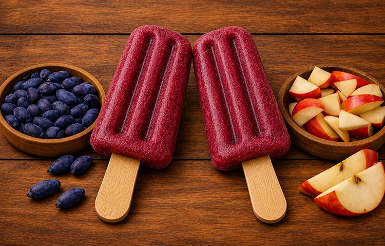 Honeyberry pops on wood background Little girl eating a raspberry fruit pop